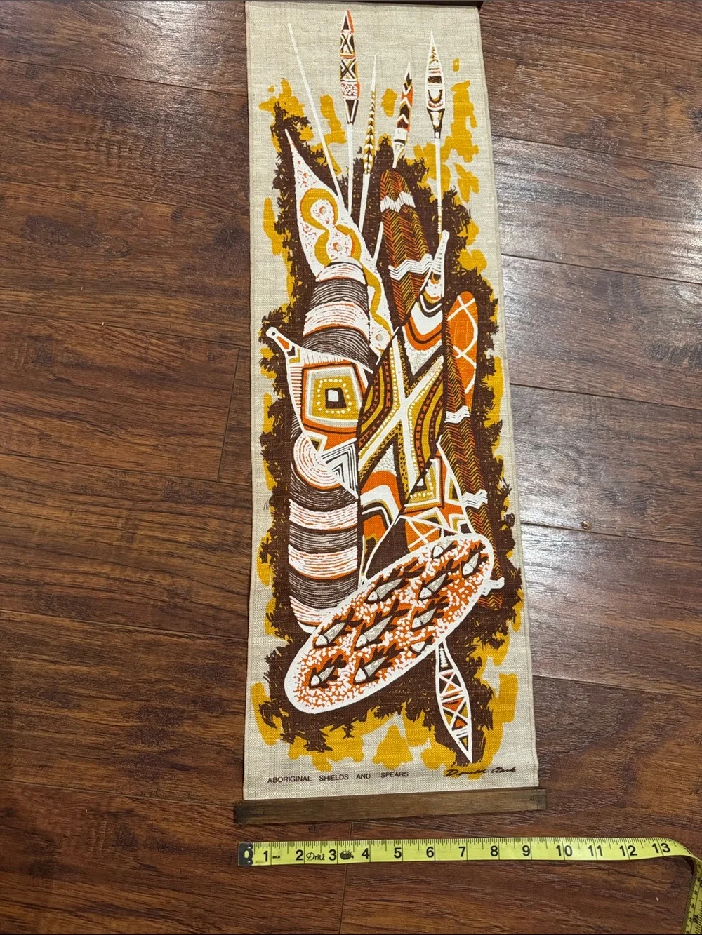 1960’s Donald Clark Linen Wall Hanging Aboriginal Shield and Spears Wall Scroll